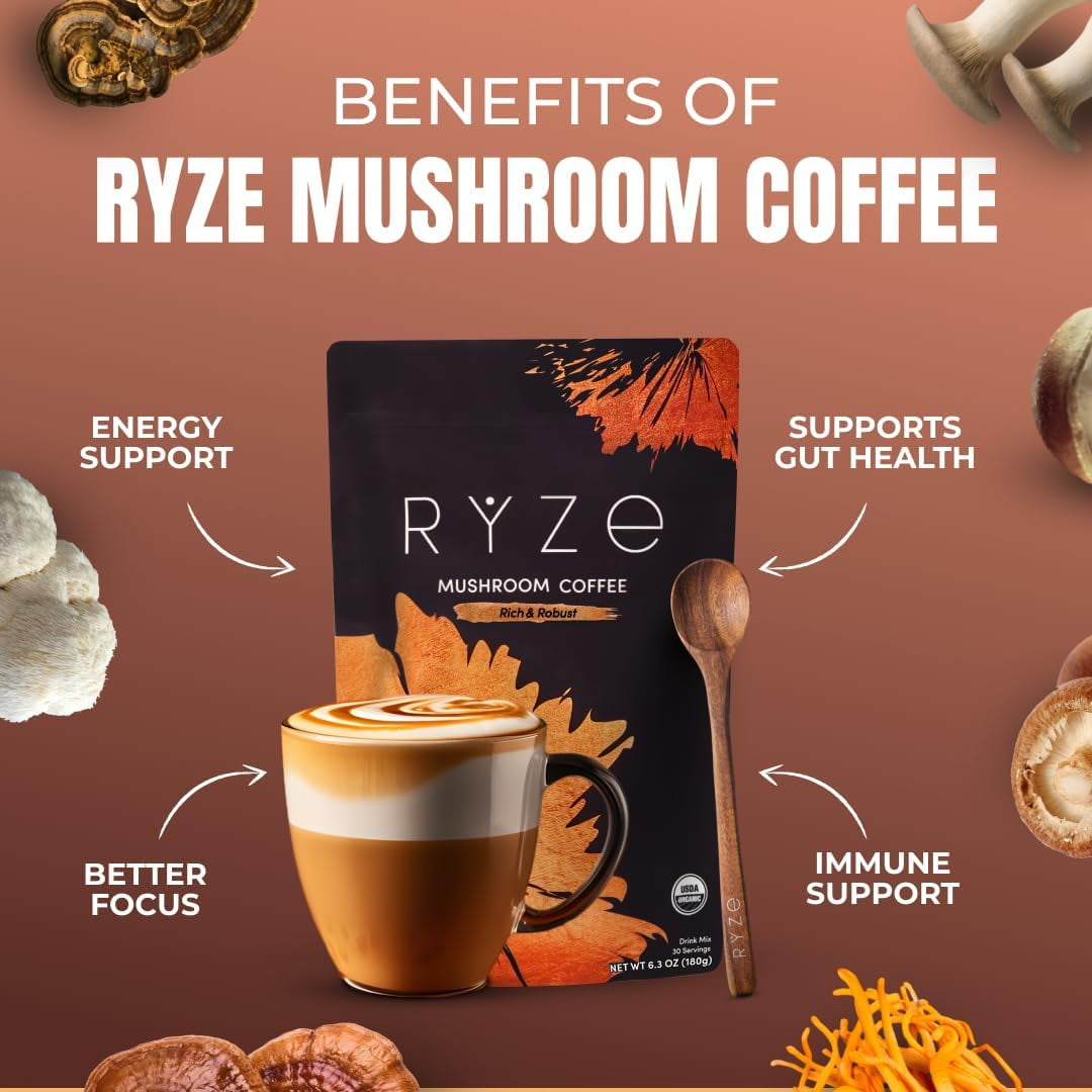 RYZE SUPERFOODS Mushroom Medium Roast Coffee USDA Organic with 6 Adaptogenic Mushrooms, USA Grown Instant Coffee for Better Energy, Focus Digestion Immunity with Lions Mane & Turkey Tail 30 Servings
