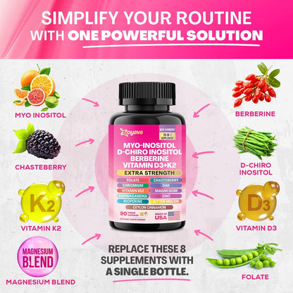 Myo Inositol Supplement 750mg, Berberine 500mg, D-Chiro Inositol 50mg, Folate 400mcg, Chromium 100mcg, Ceylon Cinnamon 200mg, Ashwagandha 100mg, DIM 75mg, Vitex Chasteberry 150mg, 90 Capsules-Shop