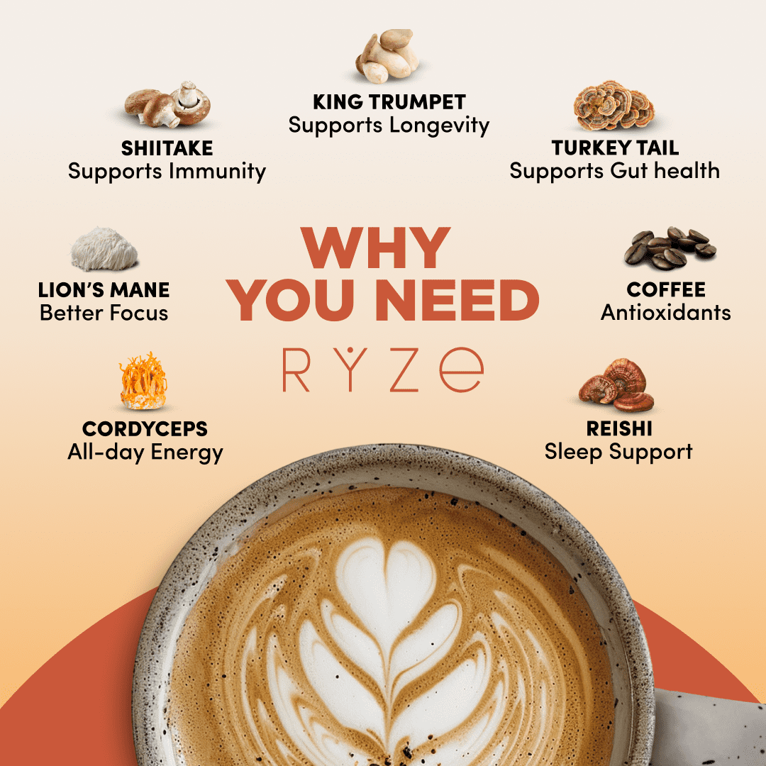 RYZE SUPERFOODS Mushroom Medium Roast Coffee USDA Organic with 6 Adaptogenic Mushrooms, USA Grown Instant Coffee for Better Energy, Focus Digestion Immunity with Lions Mane & Turkey Tail 30 Servings