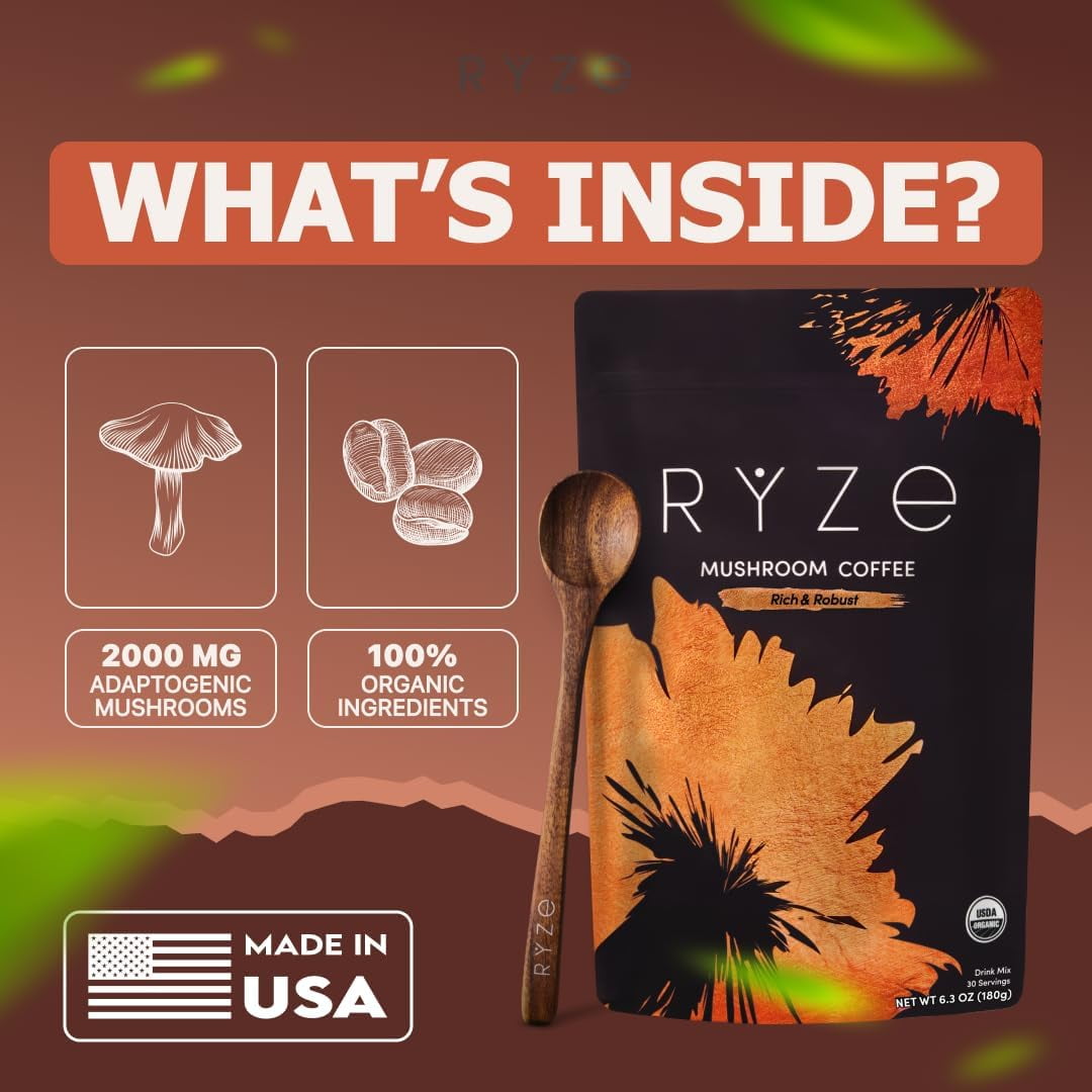 RYZE SUPERFOODS Mushroom Medium Roast Coffee USDA Organic with 6 Adaptogenic Mushrooms, USA Grown Instant Coffee for Better Energy, Focus Digestion Immunity with Lions Mane & Turkey Tail 30 Servings
