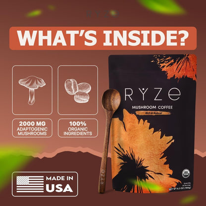 RYZE SUPERFOODS Mushroom Medium Roast Coffee USDA Organic with 6 Adaptogenic Mushrooms, USA Grown Instant Coffee for Better Energy, Focus Digestion Immunity with Lions Mane & Turkey Tail 30 Servings
