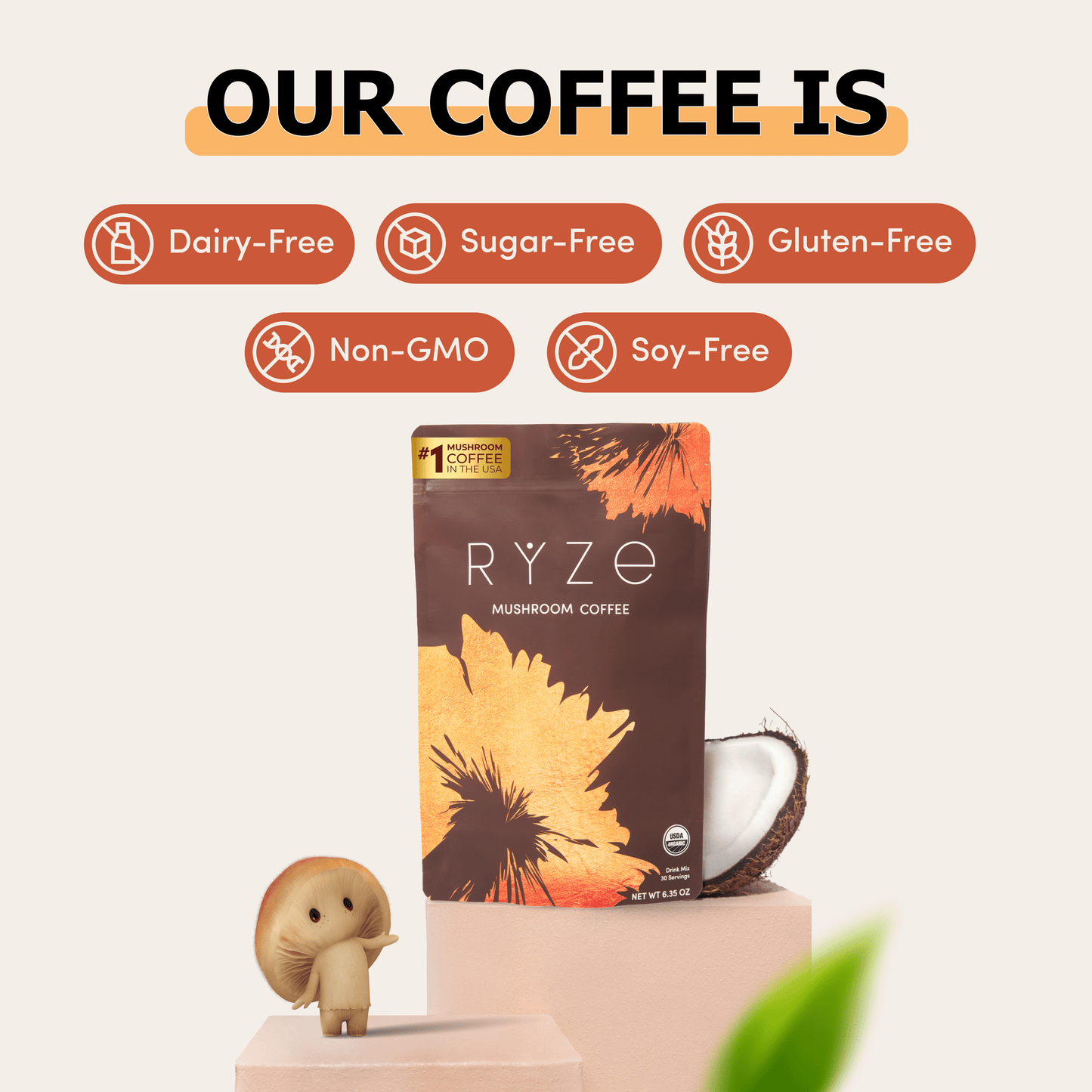 RYZE SUPERFOODS Mushroom Medium Roast Coffee USDA Organic with 6 Adaptogenic Mushrooms, USA Grown Instant Coffee for Better Energy, Focus Digestion Immunity with Lions Mane & Turkey Tail 30 Servings