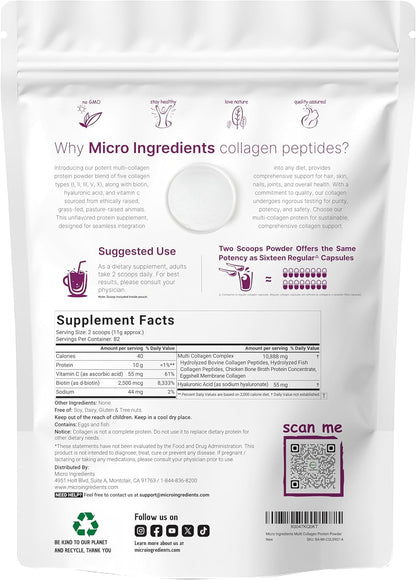 Micro Ingredients Multi Collagen Protein Powder, 1lb | Type I,II,III,V,X with Biotin, Hyaluronic Acid, Vitamin C - Unflavored Collagen Peptides