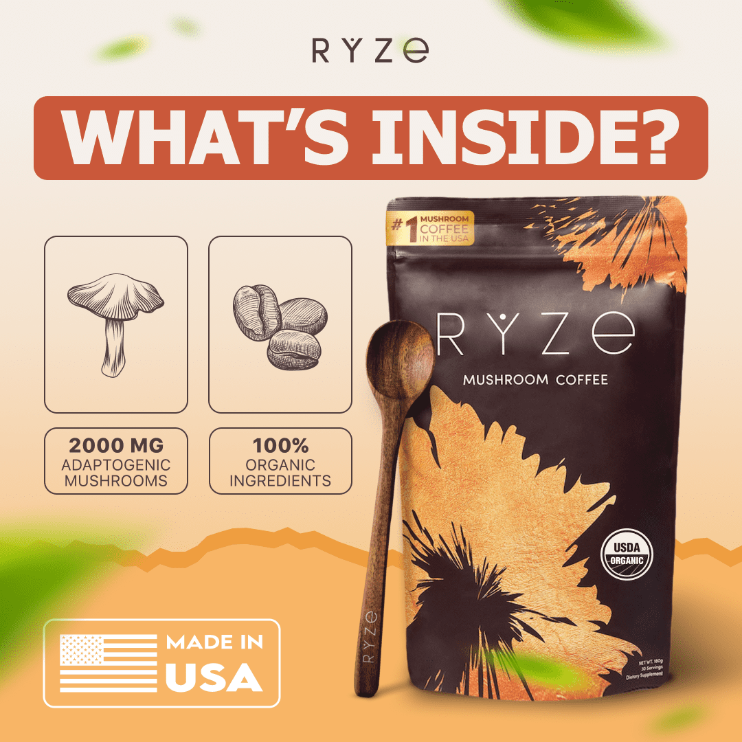 RYZE SUPERFOODS Mushroom Medium Roast Coffee USDA Organic with 6 Adaptogenic Mushrooms, USA Grown Instant Coffee for Better Energy, Focus Digestion Immunity with Lions Mane & Turkey Tail 30 Servings