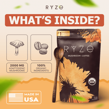 RYZE SUPERFOODS Mushroom Medium Roast Coffee USDA Organic with 6 Adaptogenic Mushrooms, USA Grown Instant Coffee for Better Energy, Focus Digestion Immunity with Lions Mane & Turkey Tail 30 Servings