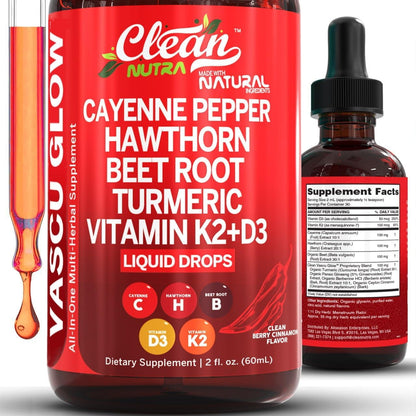 Cayenne Pepper Supplement Liquid Drops + Hawthorn Berry, Vitamin D3 K2 Beet Root Powder, Ceylon Cinnamon, Turmeric Curcumin, Organic Panax Ginseng, Berberine Extract VIT D K by Clean Nutra -