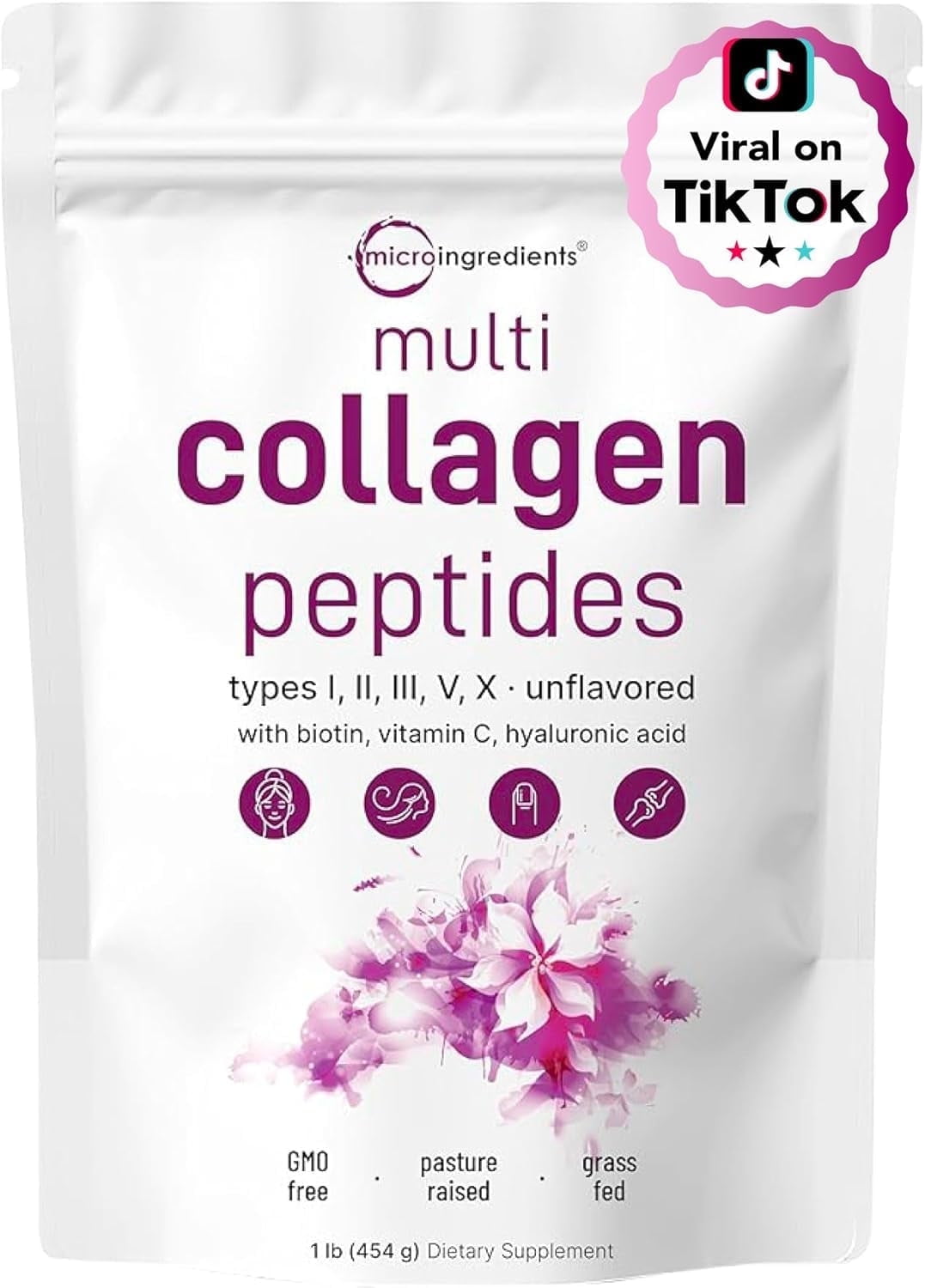 Micro Ingredients Multi Collagen Protein Powder, 1lb | Type I,II,III,V,X with Biotin, Hyaluronic Acid, Vitamin C - Unflavored Collagen Peptides