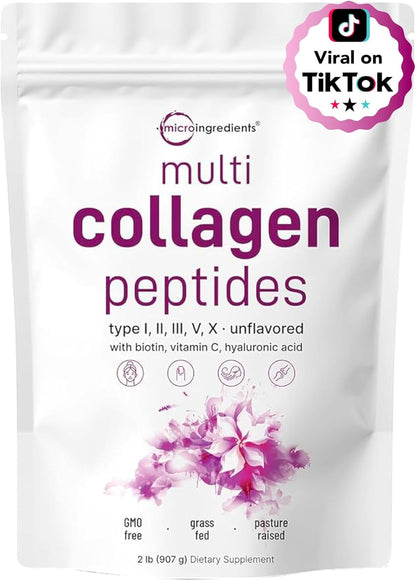 Micro Ingredients Multi Collagen Protein Powder, 1lb | Type I,II,III,V,X with Biotin, Hyaluronic Acid, Vitamin C - Unflavored Collagen Peptides