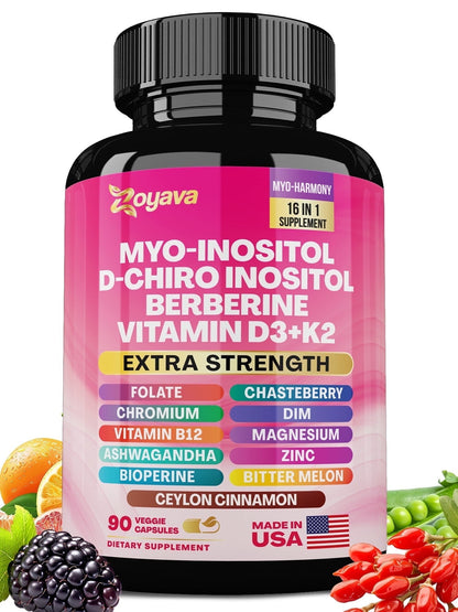 Myo Inositol Supplement 750mg, Berberine 500mg, D-Chiro Inositol 50mg, Folate 400mcg, Chromium 100mcg, Ceylon Cinnamon 200mg, Ashwagandha 100mg, DIM 75mg, Vitex Chasteberry 150mg, 90 Capsules-Shop