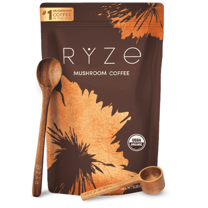 RYZE SUPERFOODS Mushroom Medium Roast Coffee USDA Organic with 6 Adaptogenic Mushrooms, USA Grown Instant Coffee for Better Energy, Focus Digestion Immunity with Lions Mane & Turkey Tail 30 Servings