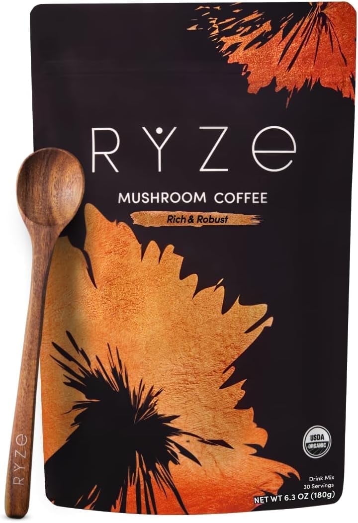 RYZE SUPERFOODS Mushroom Medium Roast Coffee USDA Organic with 6 Adaptogenic Mushrooms, USA Grown Instant Coffee for Better Energy, Focus Digestion Immunity with Lions Mane & Turkey Tail 30 Servings
