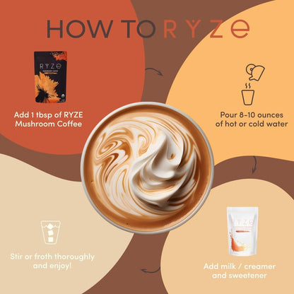 RYZE SUPERFOODS Mushroom Medium Roast Coffee USDA Organic with 6 Adaptogenic Mushrooms, USA Grown Instant Coffee for Better Energy, Focus Digestion Immunity with Lions Mane & Turkey Tail 30 Servings