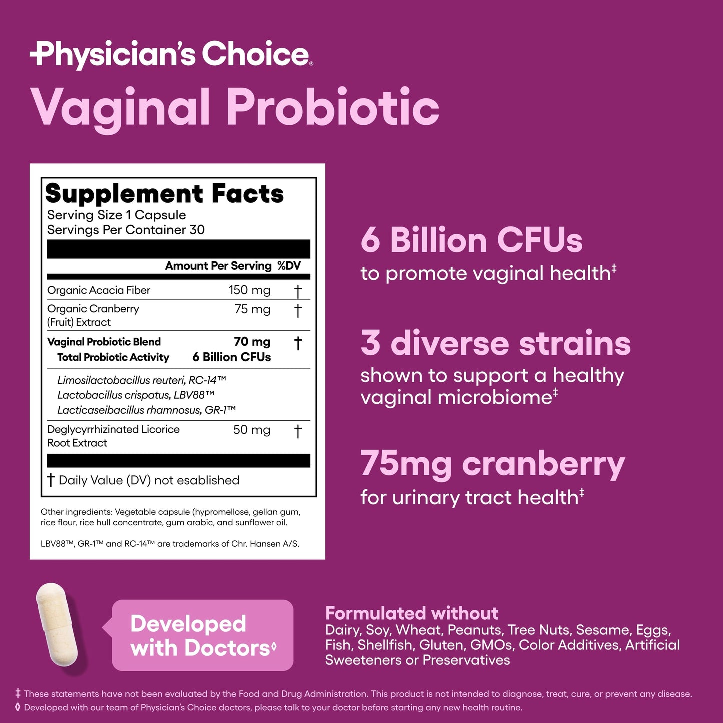 Physician's Choice Vaginal Probiotic for Women – 6B CFU, pH Balance, Odor Control, 30 count