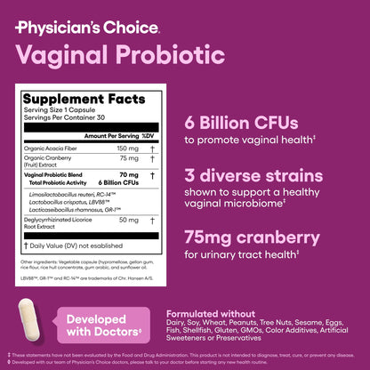 Physician's Choice Vaginal Probiotic for Women – 6B CFU, pH Balance, Odor Control, 30 count