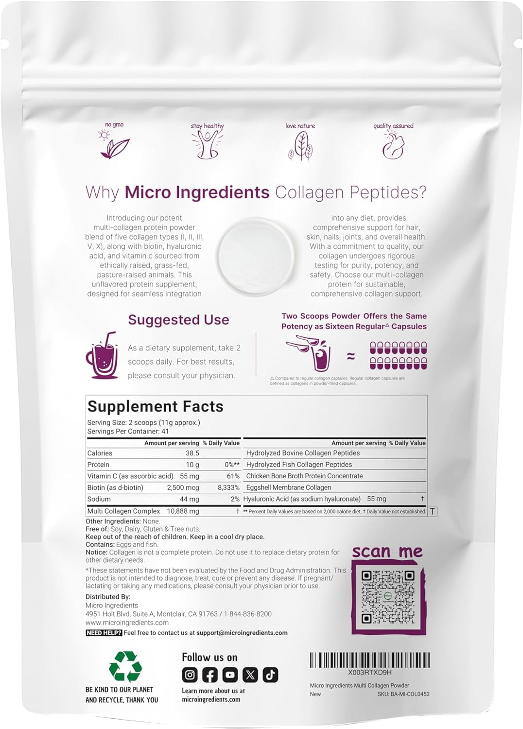 Micro Ingredients Multi Collagen Protein Powder, 1lb | Type I,II,III,V,X with Biotin, Hyaluronic Acid, Vitamin C - Unflavored Collagen Peptides