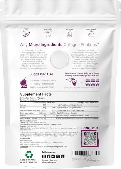 Micro Ingredients Multi Collagen Protein Powder, 1lb | Type I,II,III,V,X with Biotin, Hyaluronic Acid, Vitamin C - Unflavored Collagen Peptides