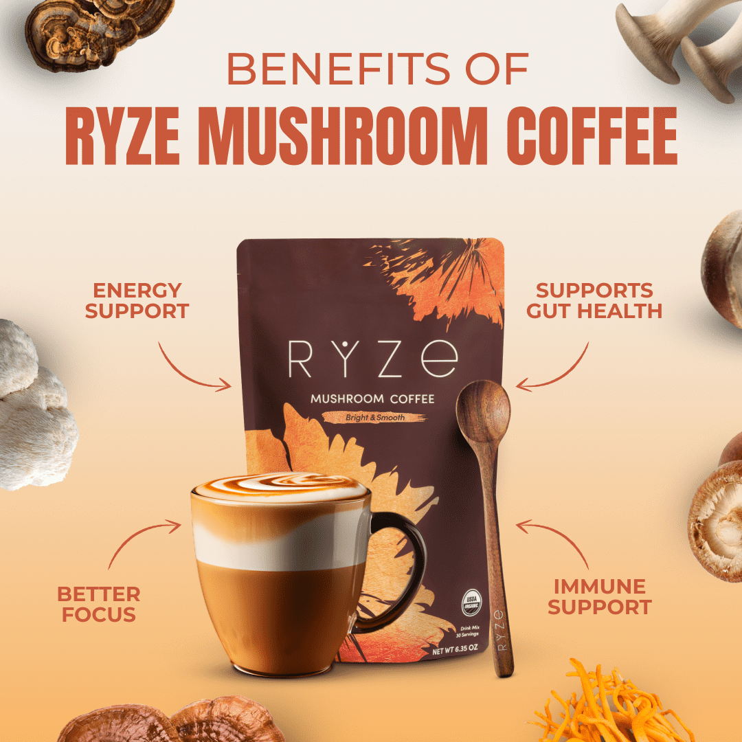 RYZE SUPERFOODS Mushroom Medium Roast Coffee USDA Organic with 6 Adaptogenic Mushrooms, USA Grown Instant Coffee for Better Energy, Focus Digestion Immunity with Lions Mane & Turkey Tail 30 Servings