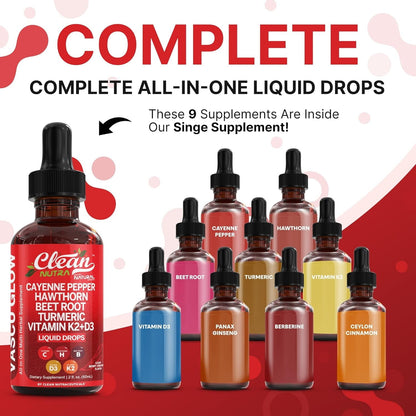 Cayenne Pepper Supplement Liquid Drops + Hawthorn Berry, Vitamin D3 K2 Beet Root Powder, Ceylon Cinnamon, Turmeric Curcumin, Organic Panax Ginseng, Berberine Extract VIT D K by Clean Nutra -