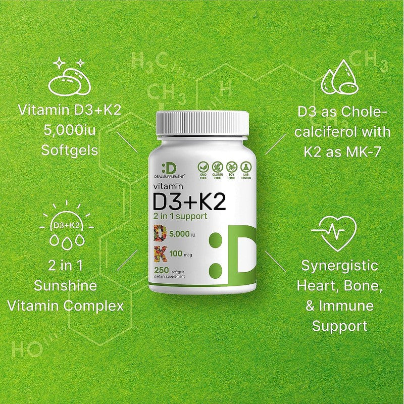 DEAL SUPPLEMENT Vitamin D3 K2 5000IU Softgel, 2-1 Complex, 250 Count