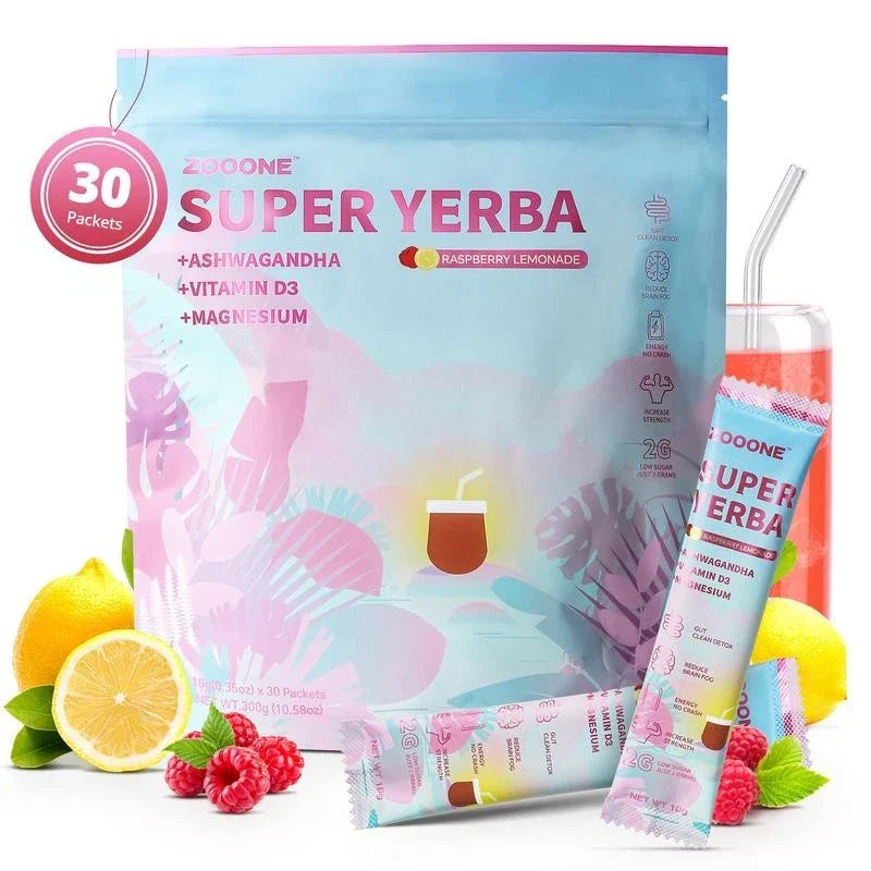 Super Yerba | Yerba Mate Instant Tea Powder |  RASPBERRY LEMONADE Flavor | 30 Se