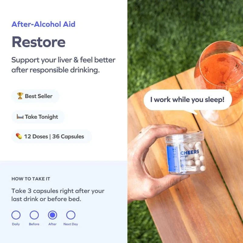 Cheers Restore | Supplement with DHM + L-Cysteine | Feel Better after Drinking.