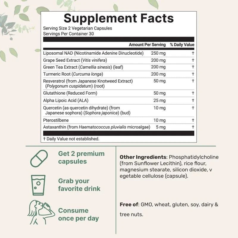 NAD+ Supplement with Glutathione, Resveratrol, Astaxanthin – 10-in-1 Formula