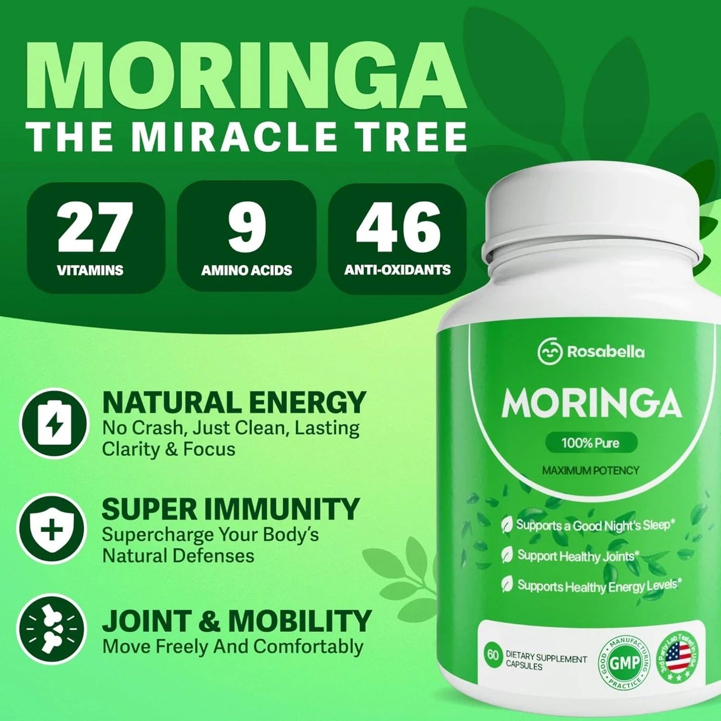 60 Count Moringa Capsules Pure Moringa Powder, Immune & Gut Health Superfood-Shop