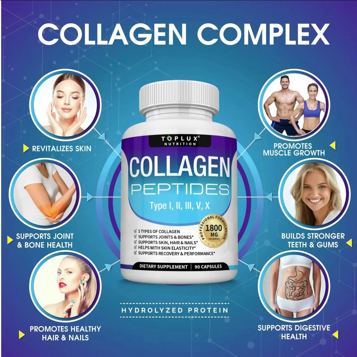 Toplux Nutrition Collagen Peptides 5 Types 1800mg Premium Collagen Complex Caps