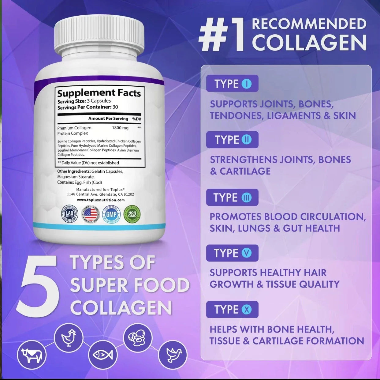 Toplux Nutrition Collagen Peptides 5 Types 1800mg Premium Collagen Complex Caps