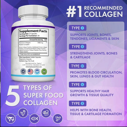 Toplux Nutrition Collagen Peptides 5 Types 1800mg Premium Collagen Complex Caps